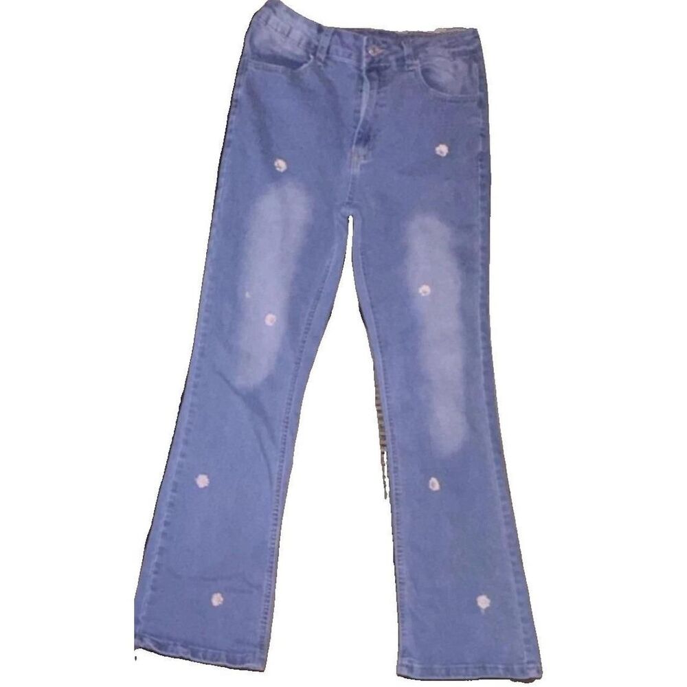 SHEIN Girls Bootcut Blue Denim Jeans 16Y Embroidered Medium Wash Pockets